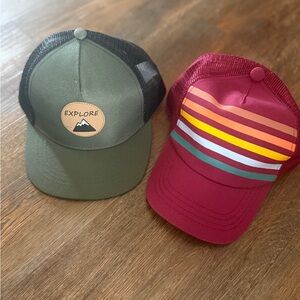Set of 2 Trucker Hats — Olive Green "Explore" & Maroon Striped